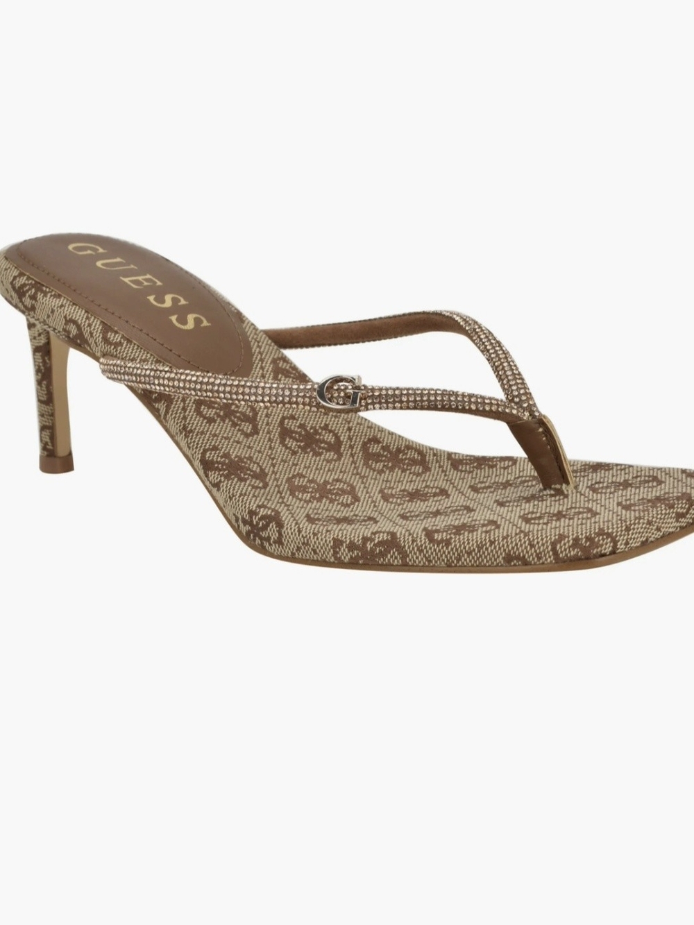 GUESS Brown Monogram Rhinestone Thong Kitten Heel Sandal